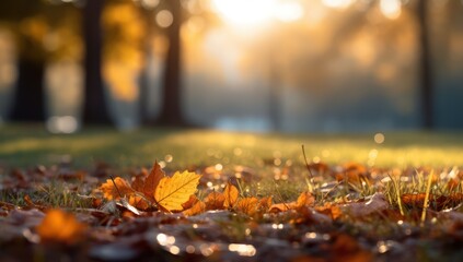 Autumn Leaves on Grass in Park with Lens Flare AI Generated