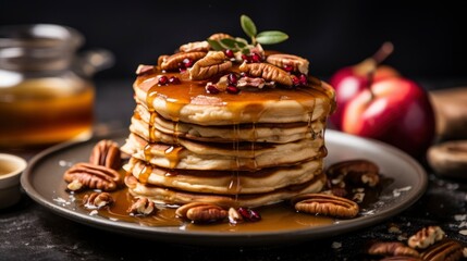 Pancakes with honey, nuts and pomegranate on black background Generative AI