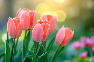 Spring tulips with sunlight. Background with selective focus and copy space