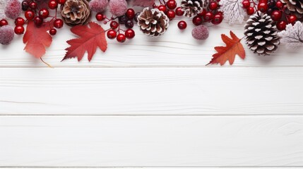 Christmas background with red leaves, pine cones and berries on white wooden background Generative AI