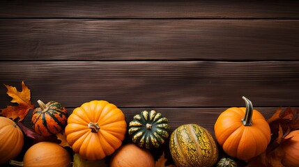 Autumn background with pumpkins, leaves and space for text on wooden board Generative AI