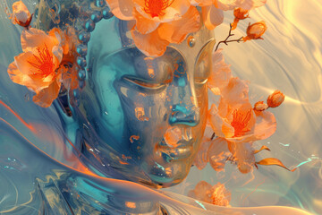 golden buddha with a painting with the flowers in orange and blue - obrazy, fototapety, plakaty