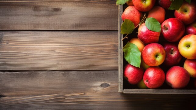 Fresh red and yellow apples in a wooden box on a wooden background Generative AI