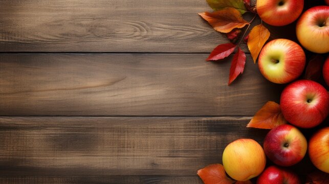 Autumn background with apples and leaves on wooden table. Top view with copy space Generative AI