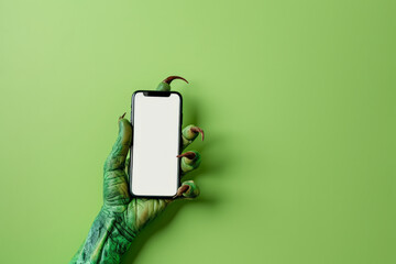 Creepy halloween monster zombie hand holding a mobile phone with a blank screen