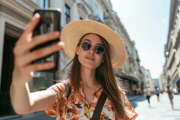 A young social media influencer travel blogger with a camera in an urban city