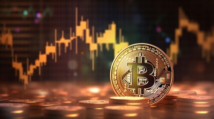 A Bitcoin gold coin against the background of a blurred graph of jumps and drops in the exchange rate , a blurred background . The concept of a virtual cryptocurrency