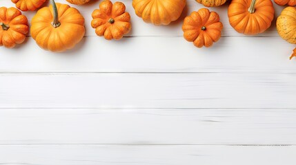 Autumn background with pumpkins on white wooden table. Top view with copy space. Generative AI