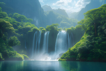 A peaceful mountain landscape with a cascading waterfall. Created with generative AI.