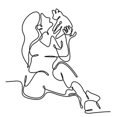 continuous line drawing of woman playing with hand of kitten vector illustration
