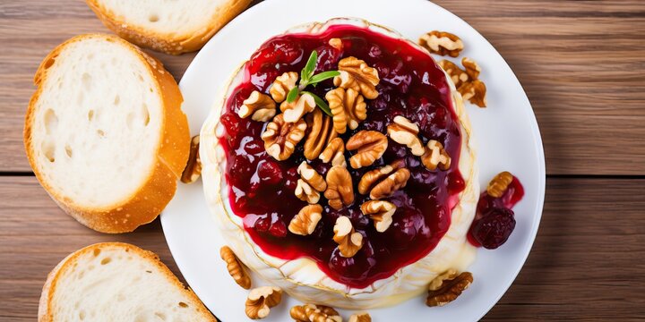 Cheesecake with berry sauce and nuts on a wooden background Generative AI