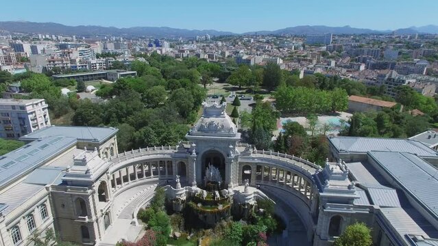Cityscape and Palace Longchamp with cascade fountain at summer