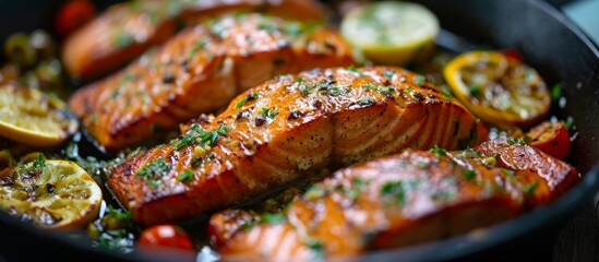 Deliciously Sizzling Salmon in a Cast Iron Pan: A Fried Delight - obrazy, fototapety, plakaty