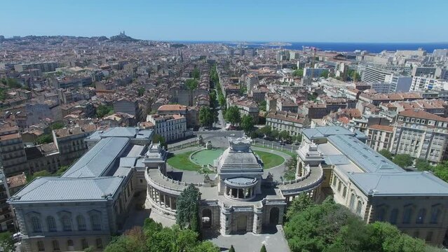 Townscape and Palace Longchamp with cascade fountain at sunny summer day