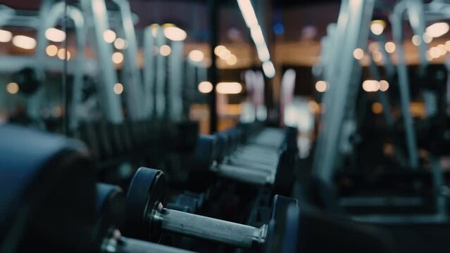 Black dumbbell row set. Hand pickup metal dumbbells on rack in sport fitness gym, Weight training equipment