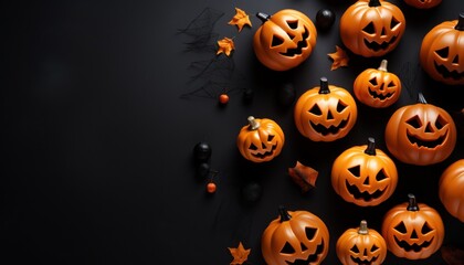 Halloween background with pumpkins, spiders and bats on black background