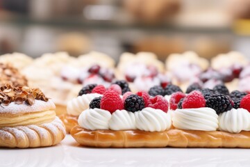 Closeup of a row of eclairs with cream and berries