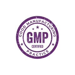 GMP stamp. Good Manufacturing Practice, certified round stamp on white background. Purple stamp.