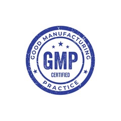 GMP stamp. Good Manufacturing Practice, certified round stamp on white background. Blue stamp.