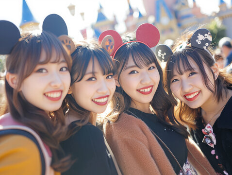 テーマパークを楽しむ日本人女性グループ