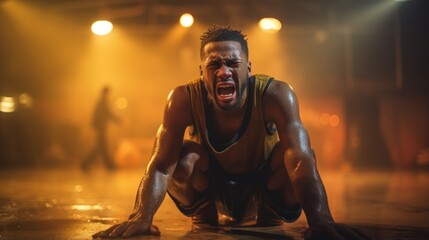 Fototapeta na wymiar African american man in sportswear sitting on the floor and screaming Generative AI