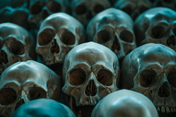 Skulls in a cold tone. Backdrop for design with selective focus and copy space.