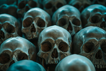 Fototapeta premium Skulls in a cold tone. Backdrop for design with selective focus and copy space.