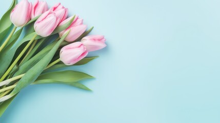 Bouquet of pink tulips on blue background with copy space Generative AI
