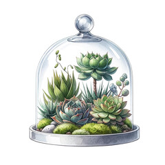 Succulents with a glass cloche watercolor clipart