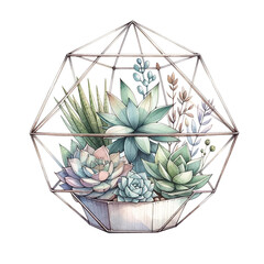Succulent arrangement in a geometric terrarium. watercolor clipart