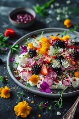 Fennel salad with fresh blackberries and edible flowers. 