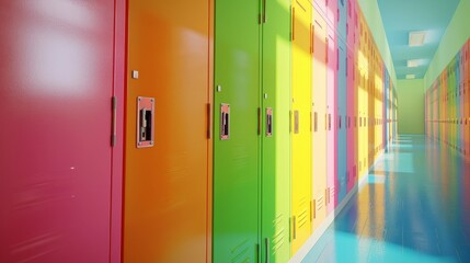School hallway with colourful lockers. 