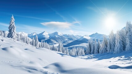 Winter landscape with snow covered fir trees and blue sky. 3d rendering Generative AI