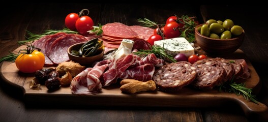 Assorted gourmet meats and cheese on wooden platter. Gourmet food selection.