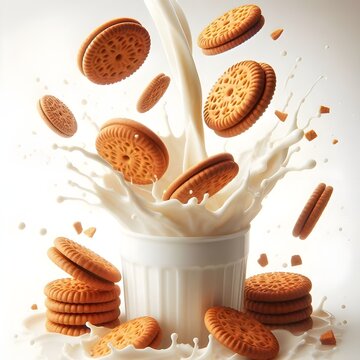 Dynamic action image of biscuits cookies and milk splashing together on white background, nutrition snack food concept