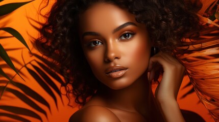 Beautiful african american woman with palm leaves on orange background Generative AI