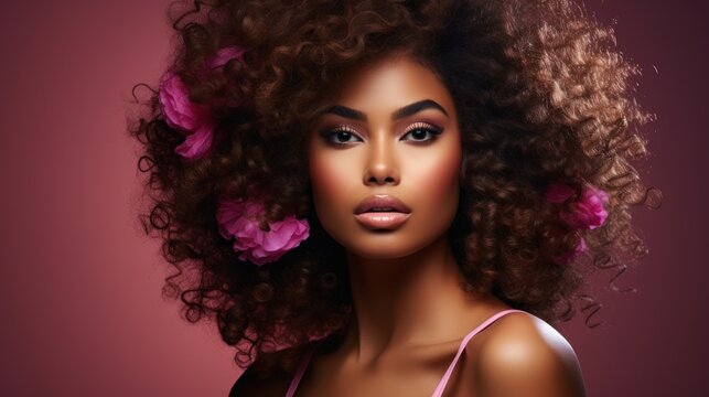 Beautiful african american woman with curly hair and pink flowers Generative AI