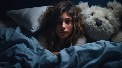 Sad young woman lying in bed with a teddy bear and looking at camera Generative AI