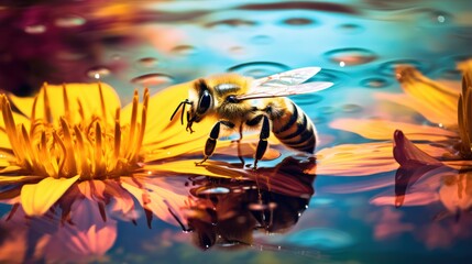 Bee on yellow flower and reflection in water. Nature background. Copy space. Generative AI