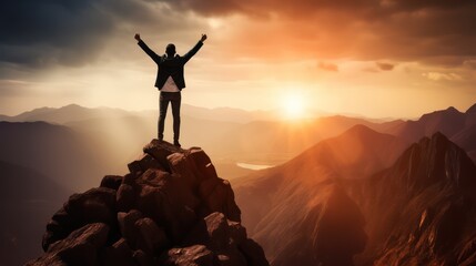 Happy man raising his arms jumping to the top of the mountain, successful businessman celebrating success on the cliff, business success concept silhouette backlit.