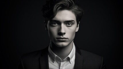 Portrait of a handsome young man in a black suit. Men's beauty, fashion. Generative AI