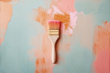 A paintbrush laden with pink paint rests against a canvas painted with broad strokes of peach and cool blue, capturing a moment in the midst of a creative exploration. - 720987126
