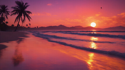 The pixelated beach scene with a vibrant orange and pink sunset, silhouetted palm trees swaying in...