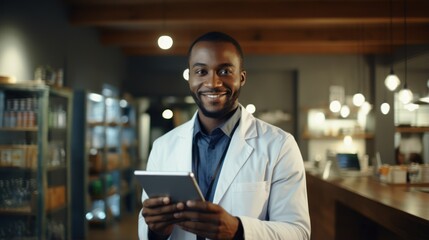 african american male doctor with tablet pc computer in coffee shop Generative AI - obrazy, fototapety, plakaty