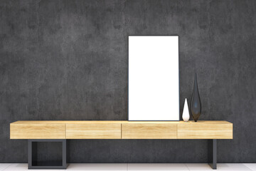 Minimalist credenza  with frame mock up on the wall. Design 3d rendering of gray and  wood veneer. Design print for illustration, presentation, mock up, interior, cover, display, background. Set 15