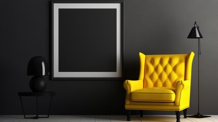 Black interior with yellow armchair and black table. 3d render Generative AI