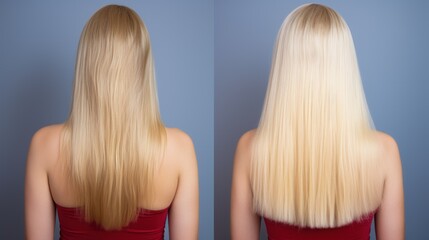 Blond hair before and after treatment. The concept of healthy hair. Generative AI