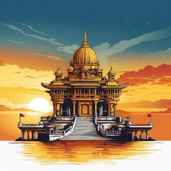 vector t-shirt design of a golden temple in retro sunset distressed design. Digital art/illustration