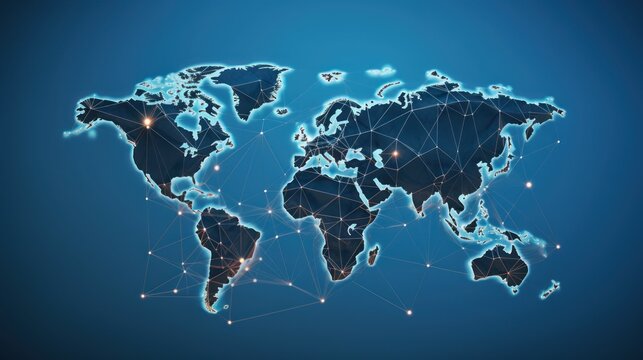 A World map infographic with communication network icons, photo, on a blue background.