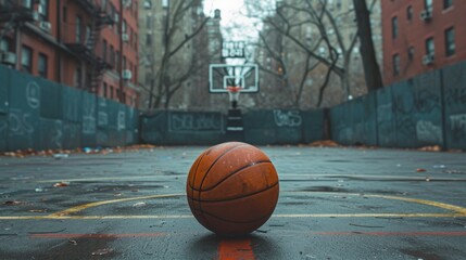 basketball still in the middle of an empty city basketball court